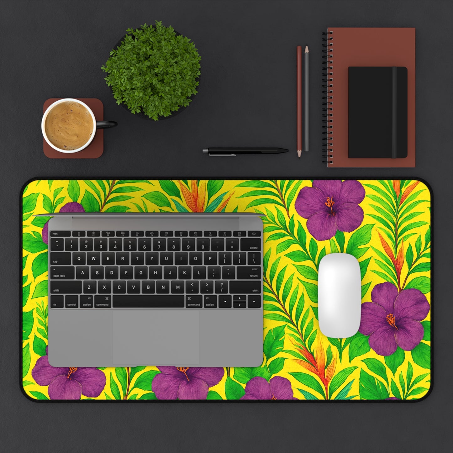 Tropical Mouse Pad/Desk Mat, 3 Sizes - Bright Botanical Design, Perfect for Home Office / Midnight Flower Yellow
