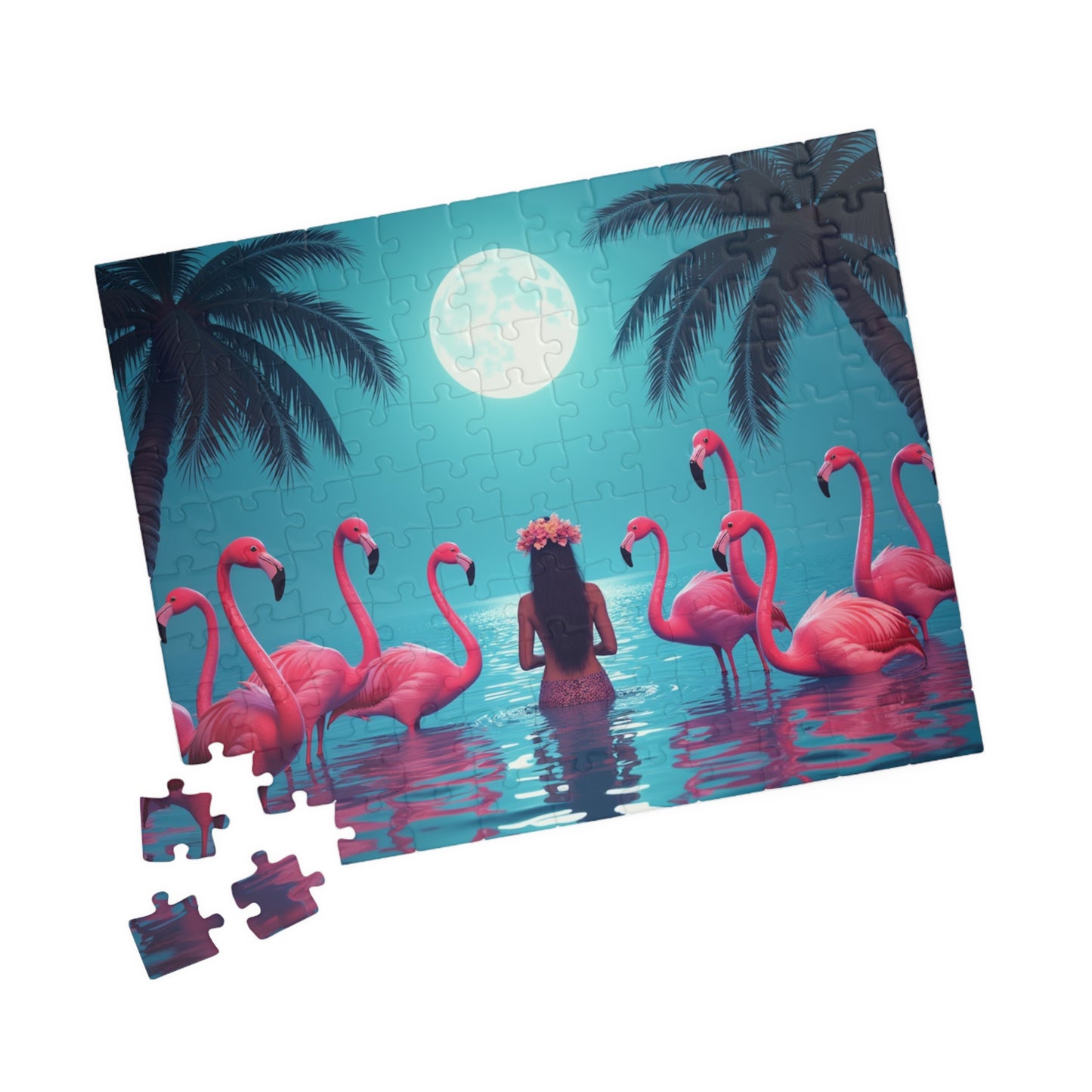 Moonlit Mermaid and Flamingos Troical Puzzle, 4 Sizes - Relaxing Jigsaw for Island Vibes