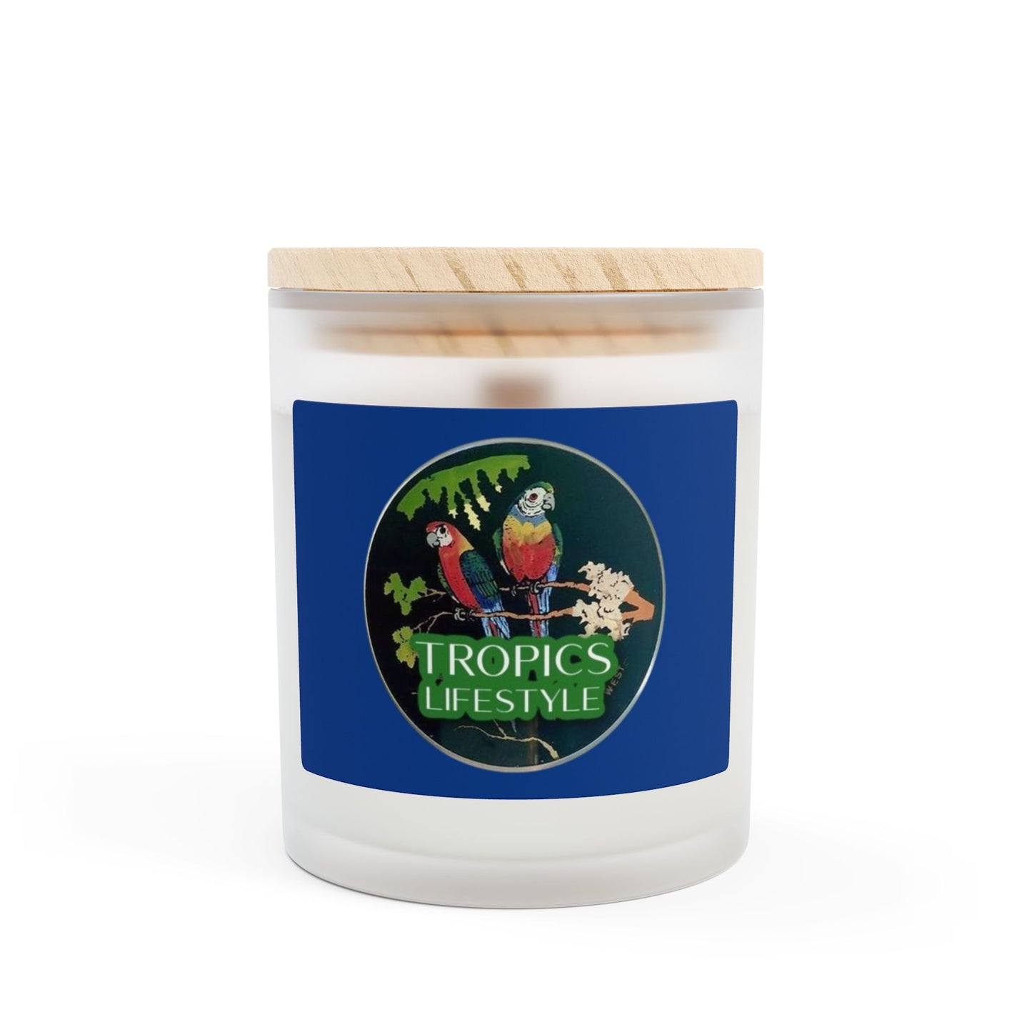 Frosted Glass Candle, 11oz - Two Brazilian Parrots, Dark Blue