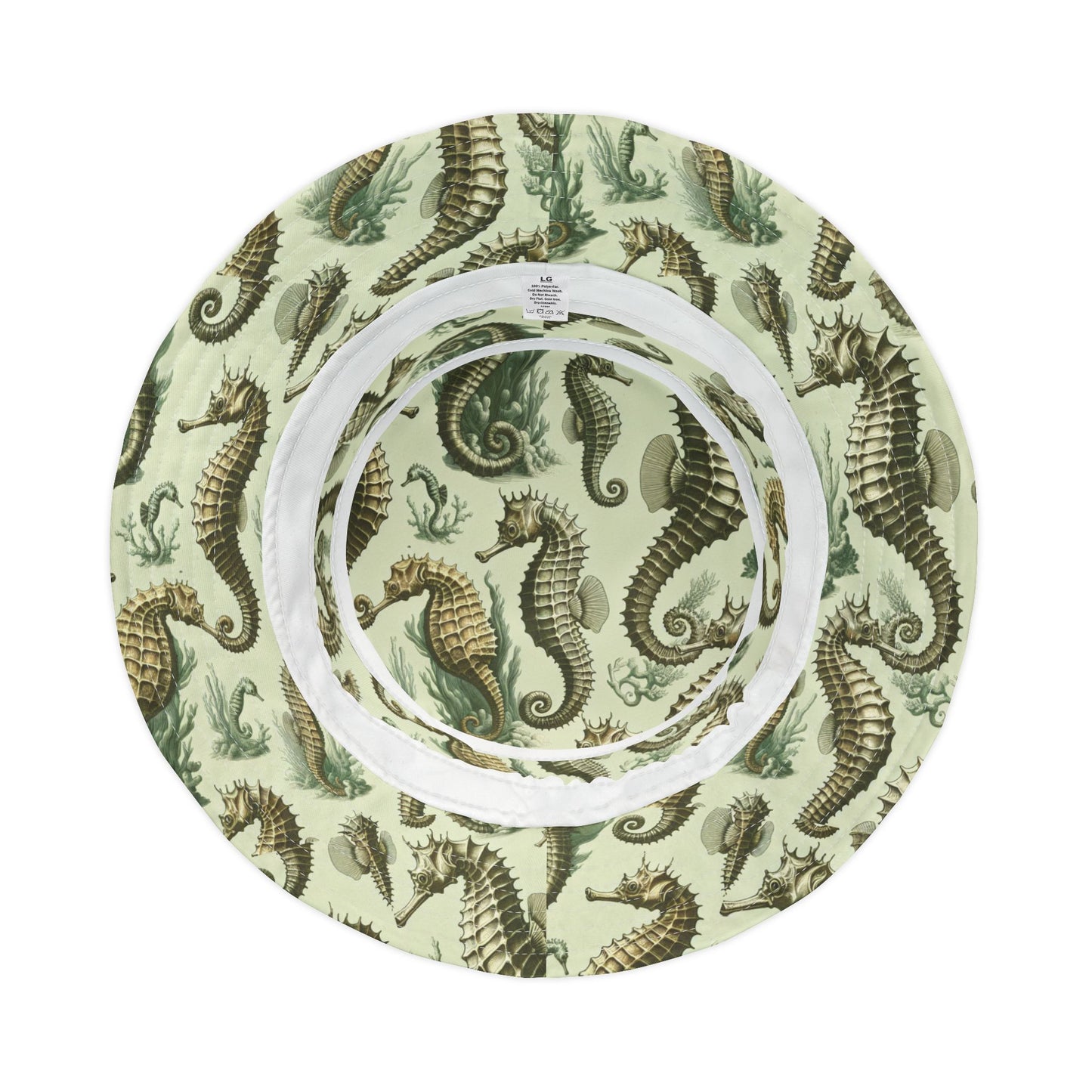 Tropical Polyester Bucket Hat, 2 Sizes - Green Toile Seahorses