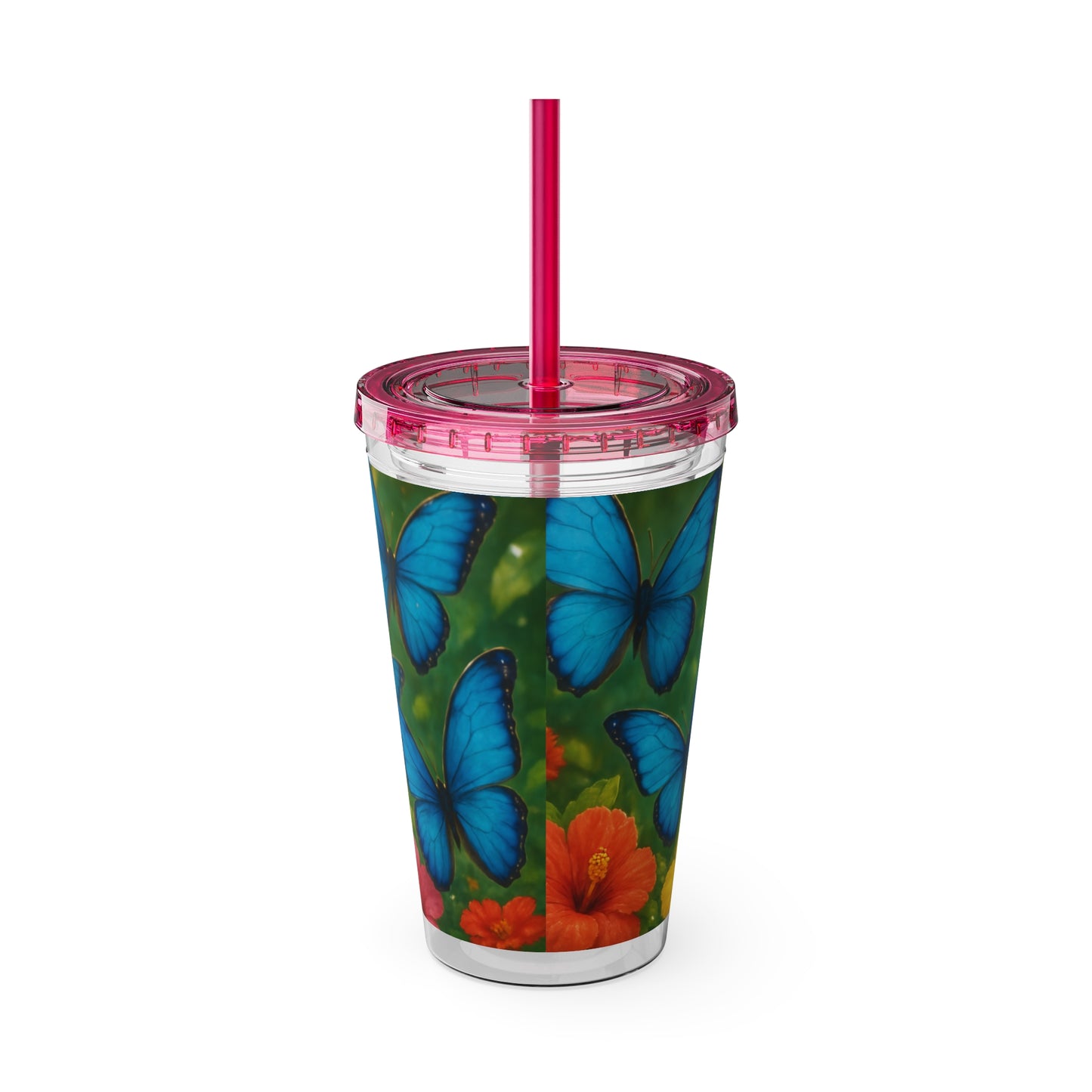 Tropical Tumbler with Straw | 16oz Colorful Travel Cup / Morpho Butterflies Flight