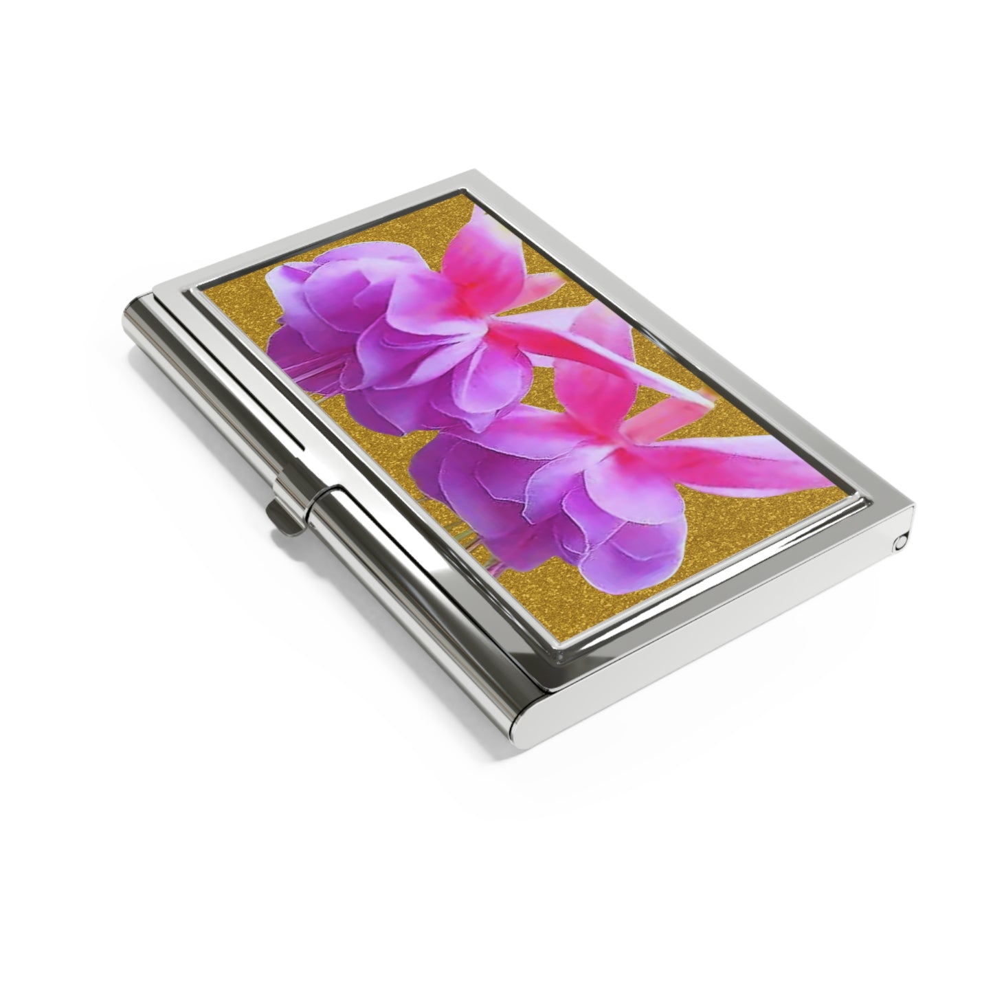 Business Card Holder - Two Pink Fuchsias / Gold