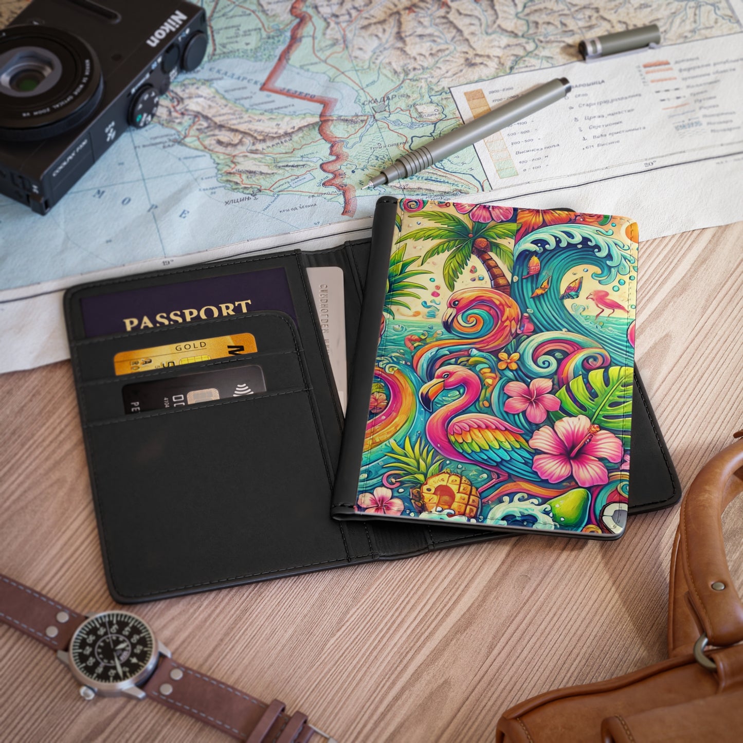 Tropical Passport Cover, Faux Leather - RFID blocking for travel security / Flamingo Funday