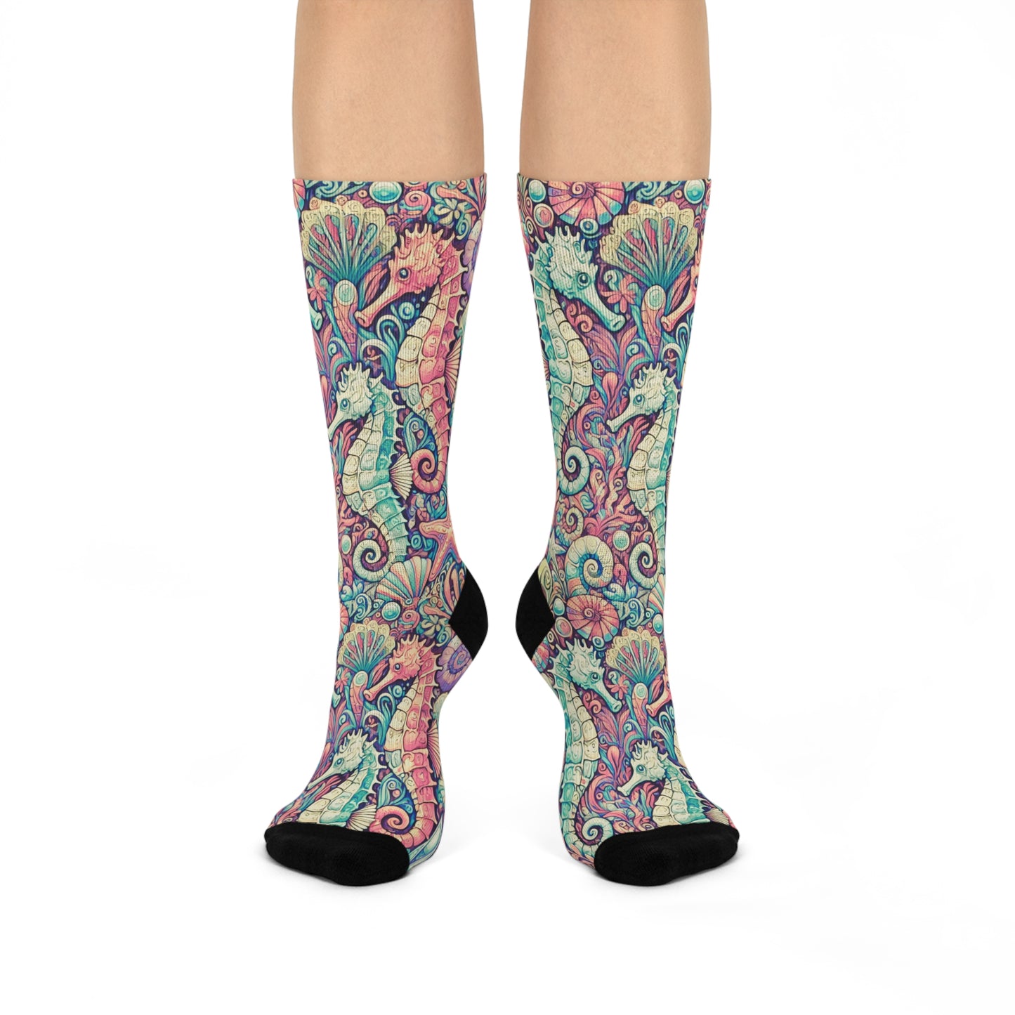 Cushioned Crew Socks - Seahorses, Retro
