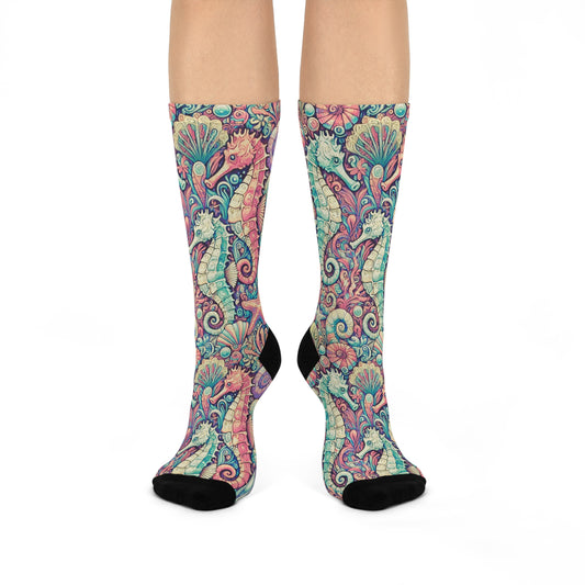 Cushioned Crew Socks - Seahorses, Retro