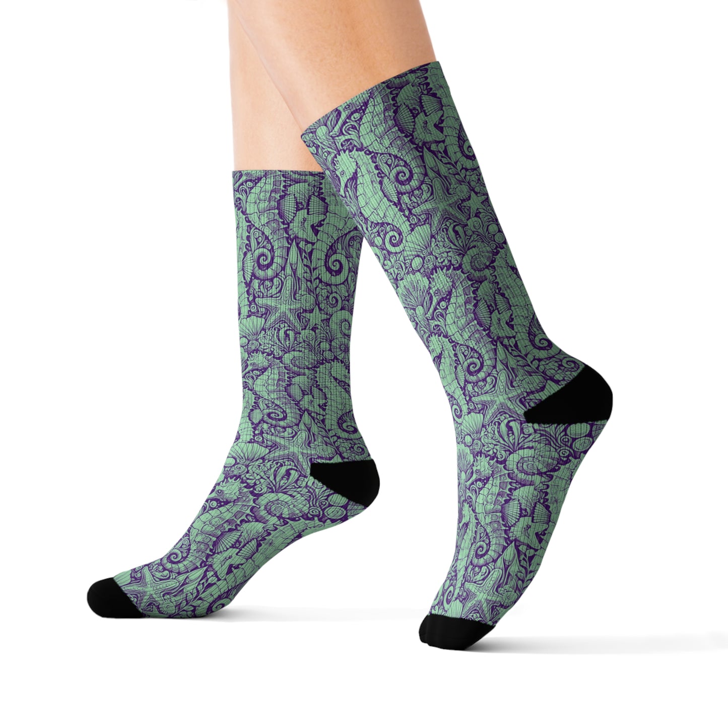 Seahorses/Minty Sublimation Fleece-Lined Socks - Colorful Tropical Design