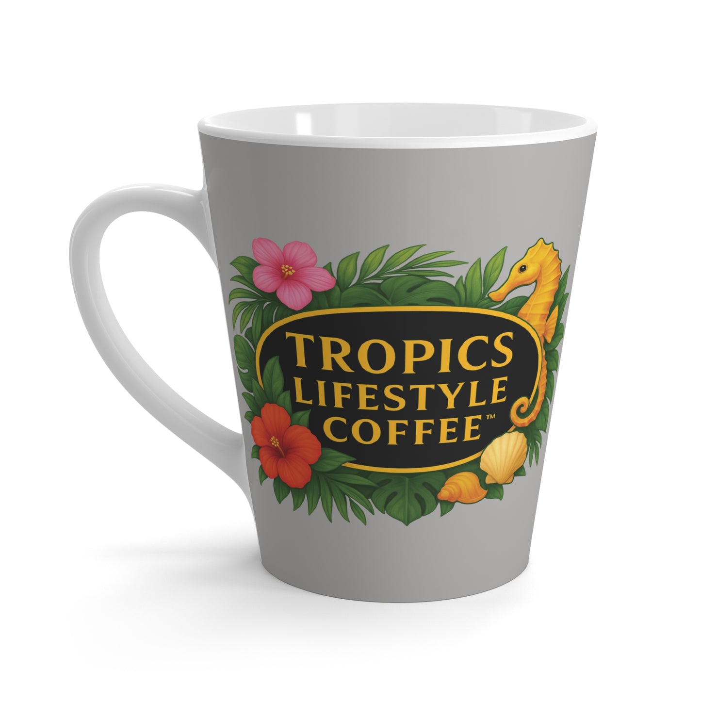 Latte White Mug - Seahorse Fantasy, Lt. Gray / TLCoffee Logo