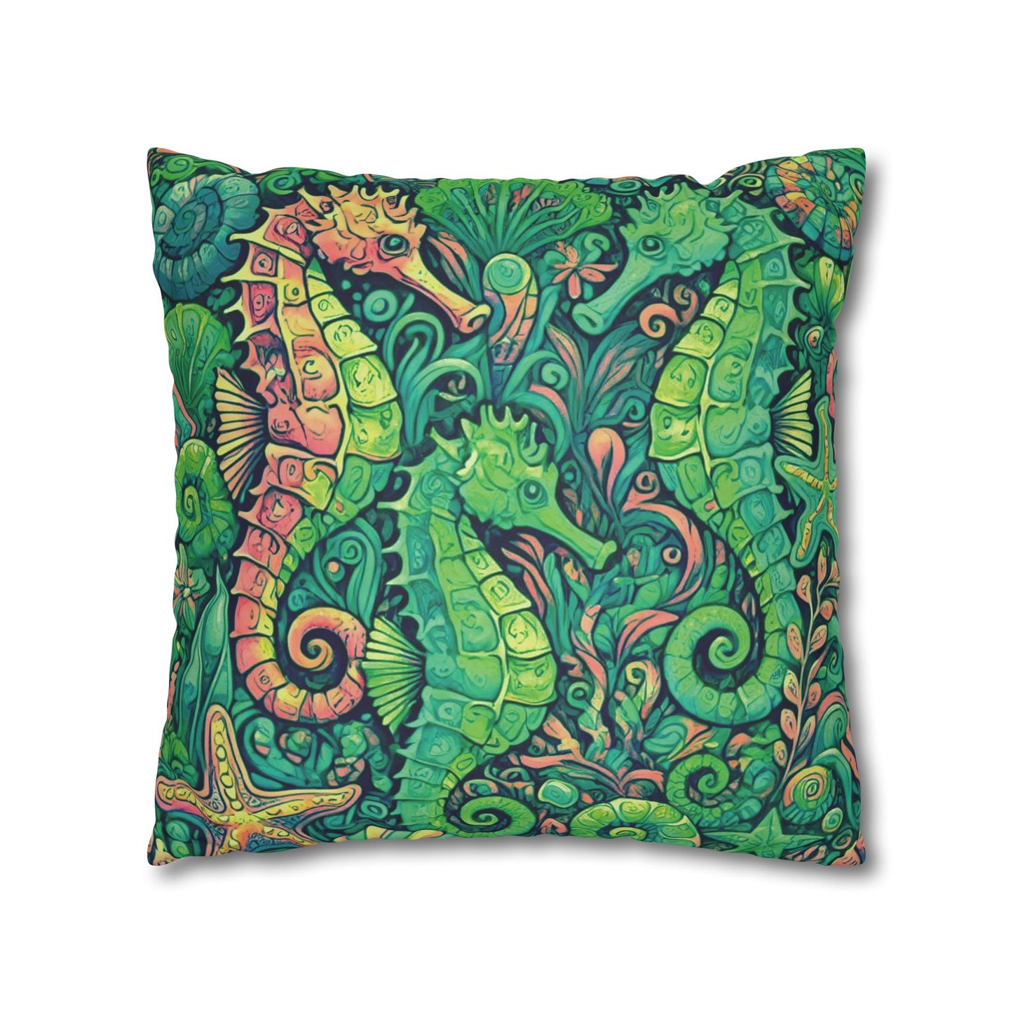 Faux Suede Square Pillowcase - Seahorse Trio/Hot Lime