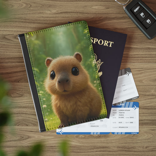 Tropical Passport Cover, Faux Leather - RFID blocking for travel security / Rainforest Baby Capybara
