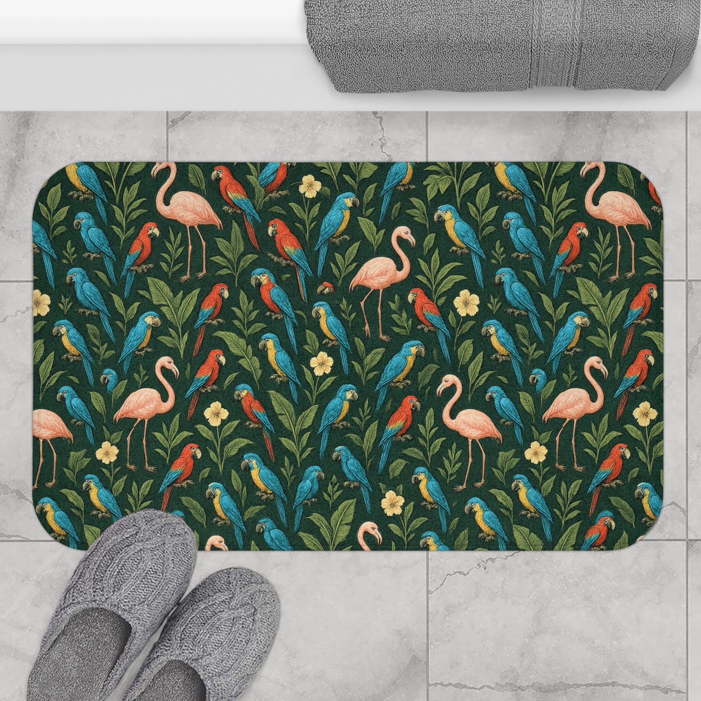 Flamingos and Parrots Bath Mat, 2 Sizes - Tropical Vibes for Home Decor