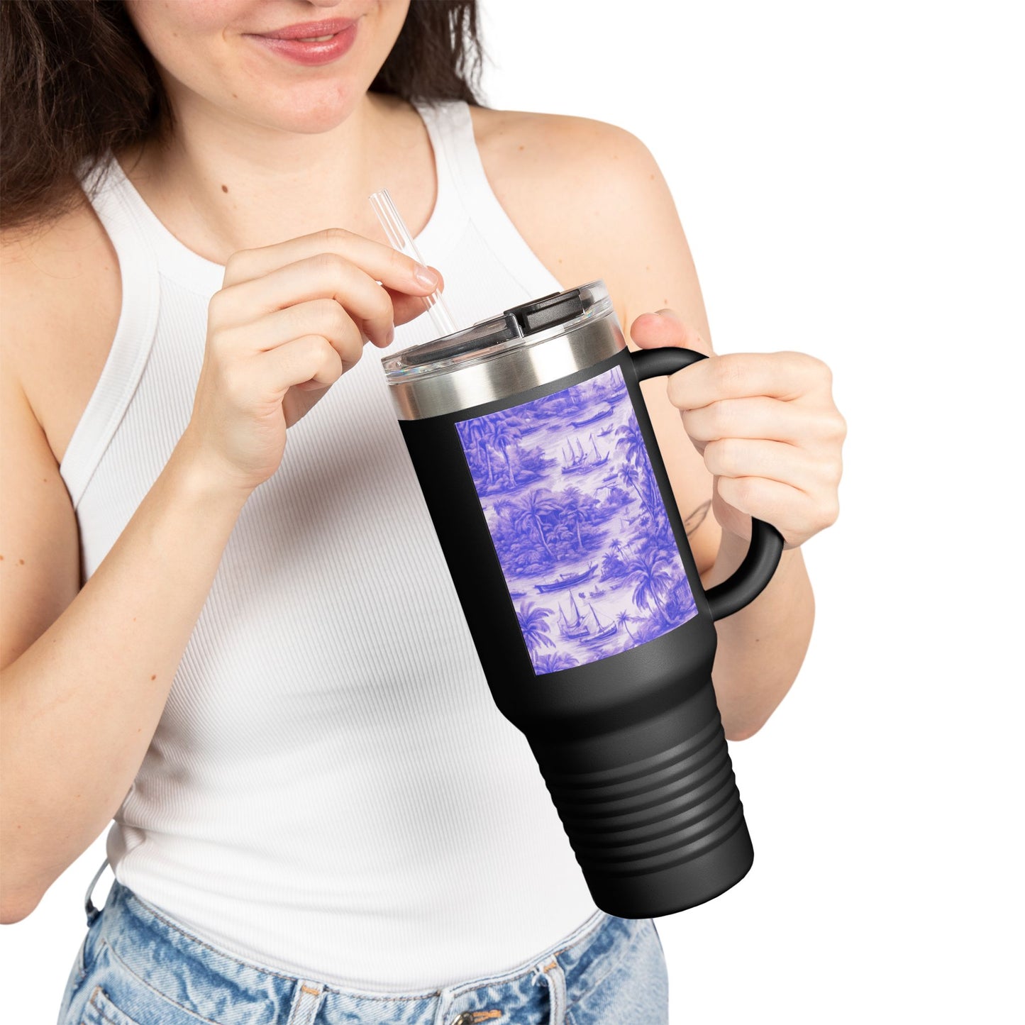 Insulated Travel Mug, 40oz / Tropical Toile, Amethyst - Perfect for Outdoor Adventures