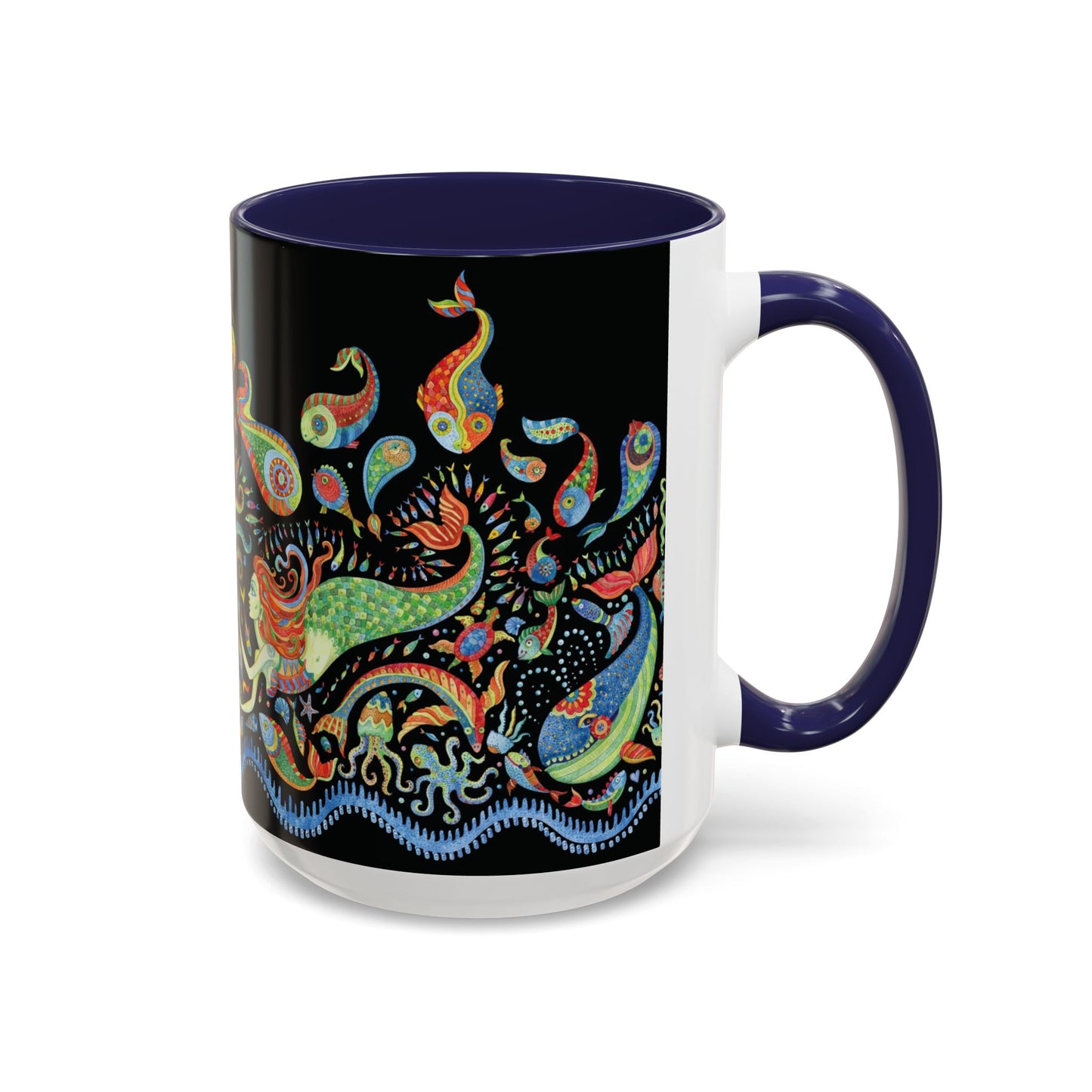 Mermaid Kingdom/Black, Coffee Mug, 8 Colors - Fun Tropical Drinkware for Beach Vibes