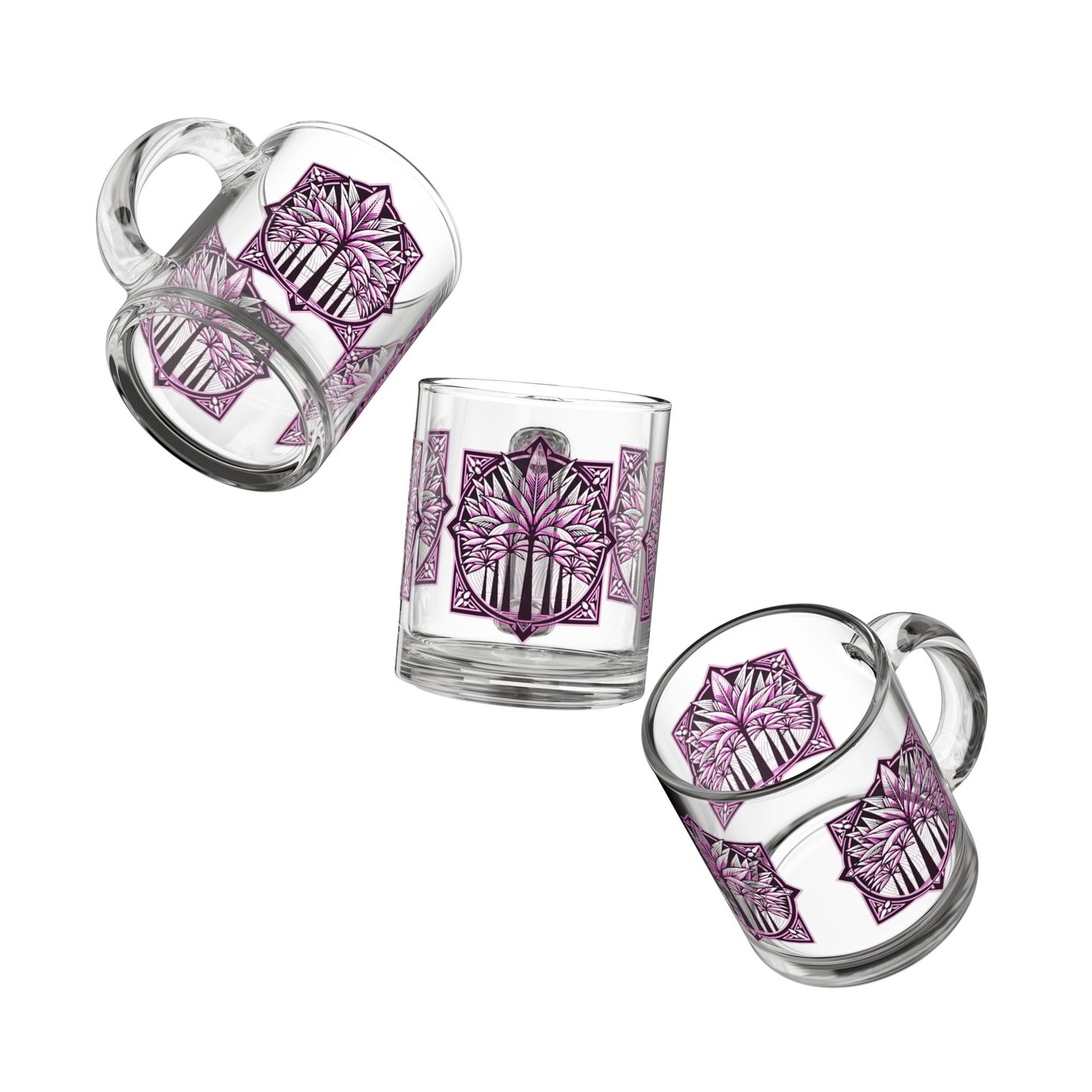 Tropical Glass Mug - 10oz Coffee Cup / Deco Palms, Pink