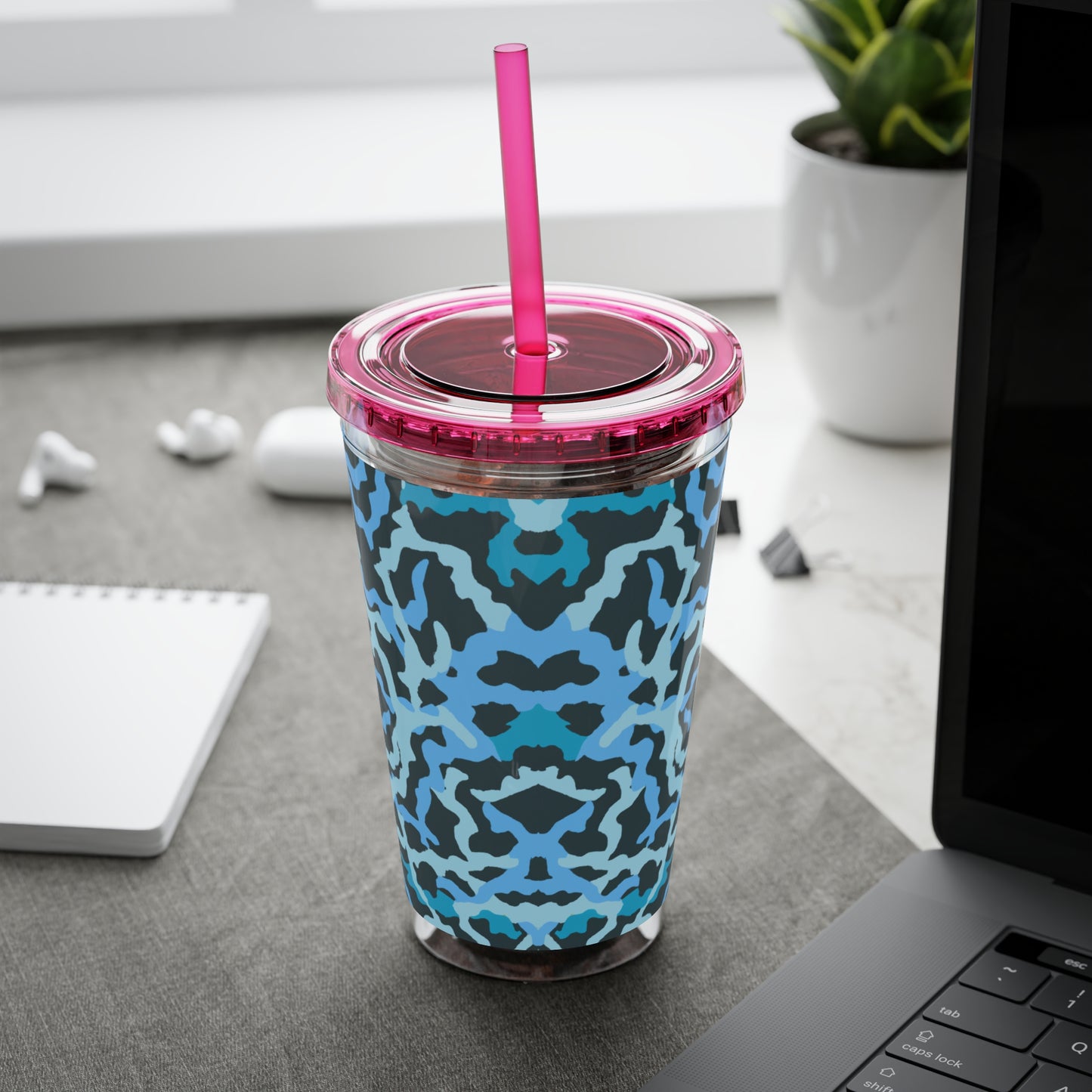 Tropical Tumbler with Straw | 16oz Colorful Travel Cup / Coral Threads, Blue