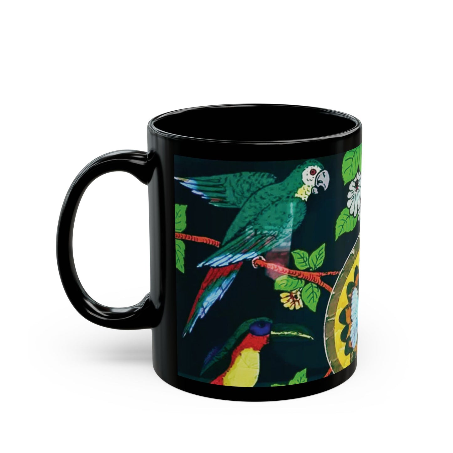 Black Coffee Mug, 2 Sizes - Parrots & Butterfly/Real Wings