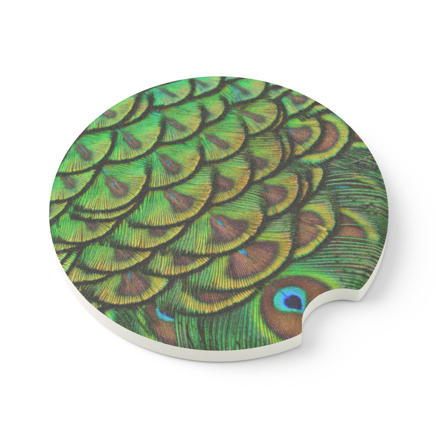 Soapstone Car Coaster - Brilliant Green Peacock Feathers