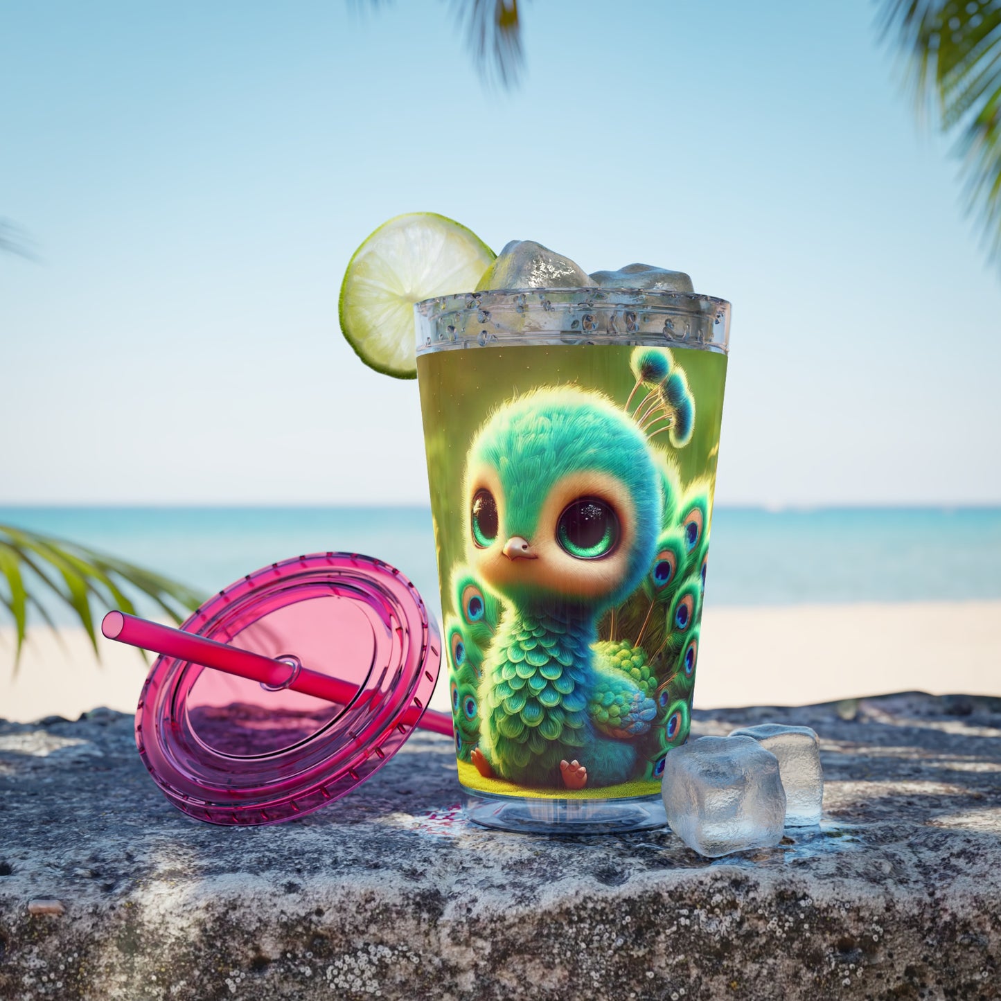 Tropical Tumbler with Straw | 16oz Colorful Travel Cup / Baby Peacock