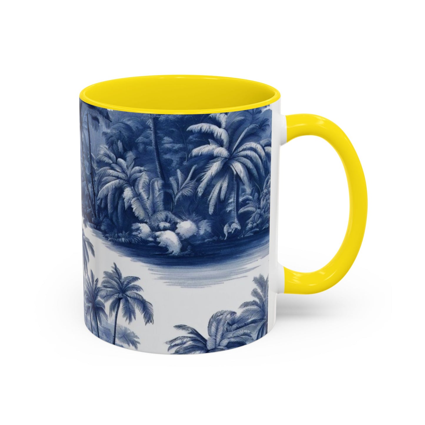 Accent Coffee Mug (11, 15oz), 8 Colors - Tropical Toile Blue/White