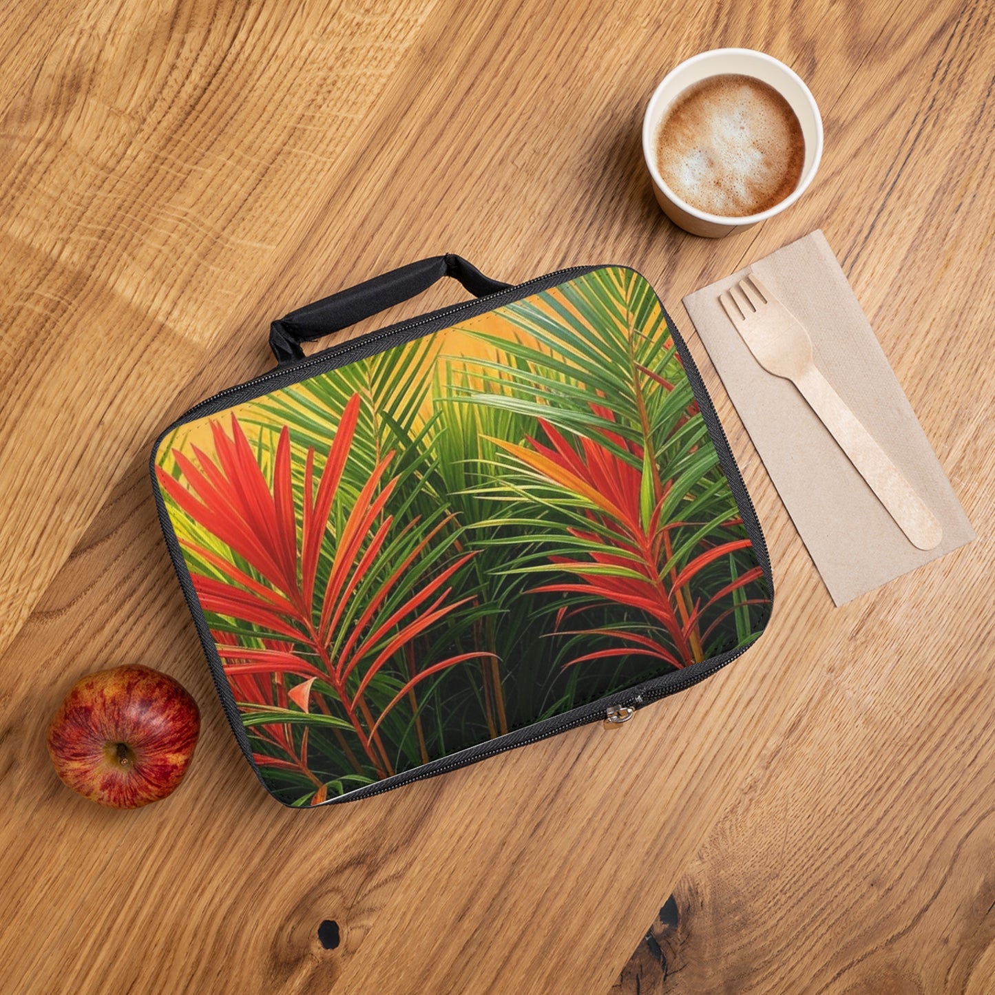 Red Flame Palms Lunch Bag - Eco-Friendly Insulated Tote, Adult and Child Lunchbox / Perfect for Picnics, Beach Outings