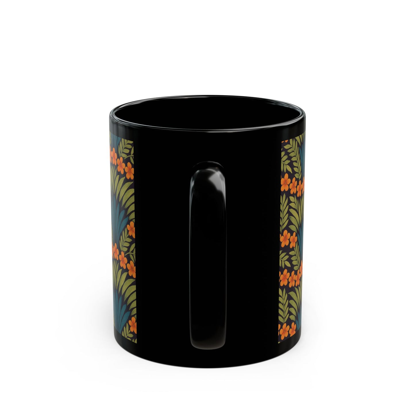 Black Coffee Mug - Hibiscus Fan Dance, Orange