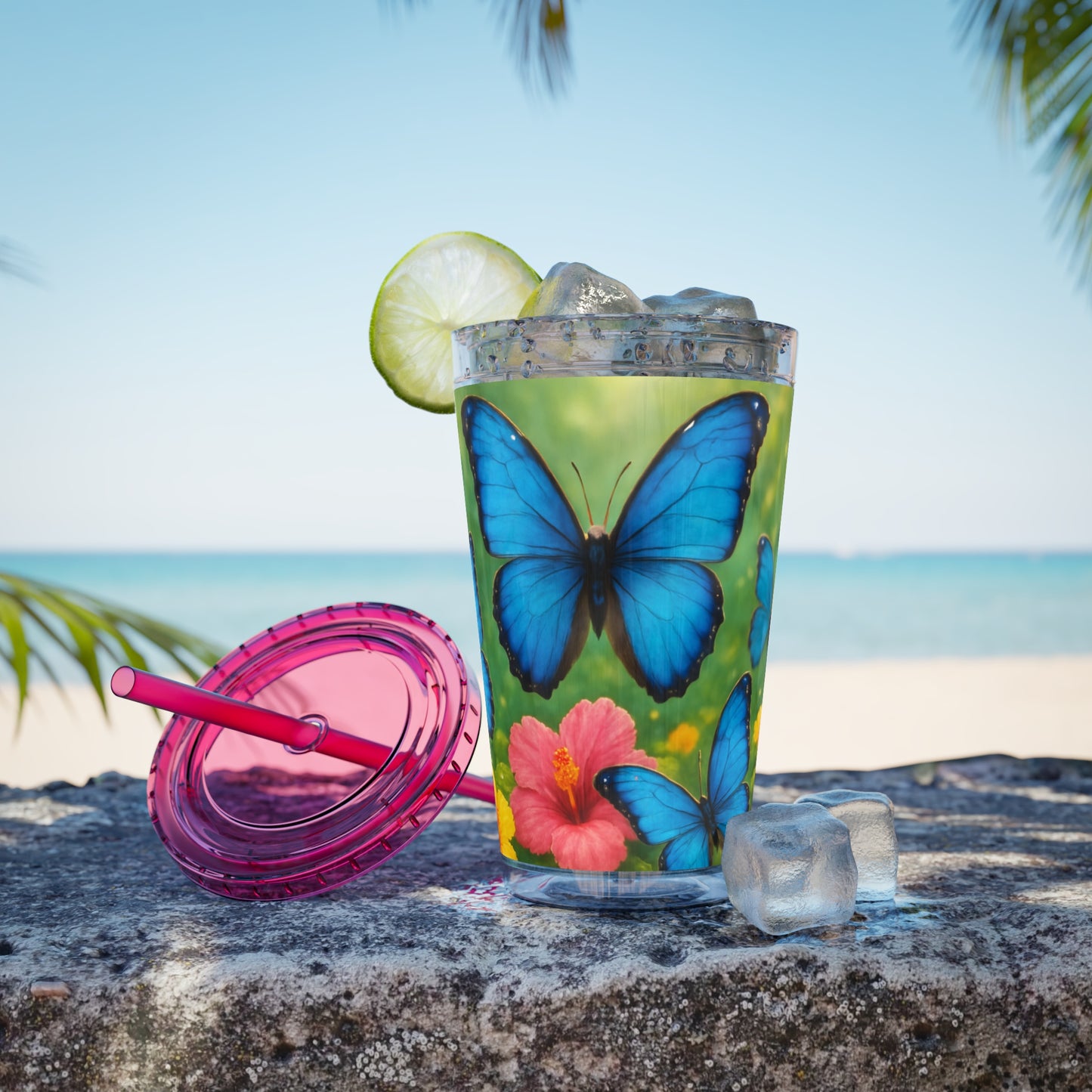 Tropical Tumbler with Straw | 16oz Colorful Travel Cup / Morpho Butterflies Flight