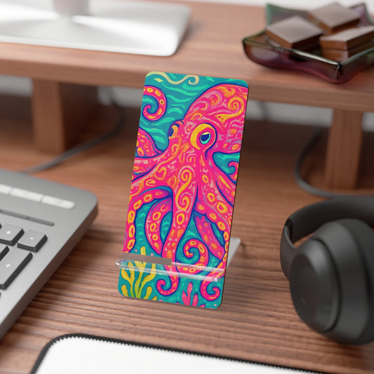 Stylish Smartphone Display Stand with Octopus Artwork - Kraken Joe/Red