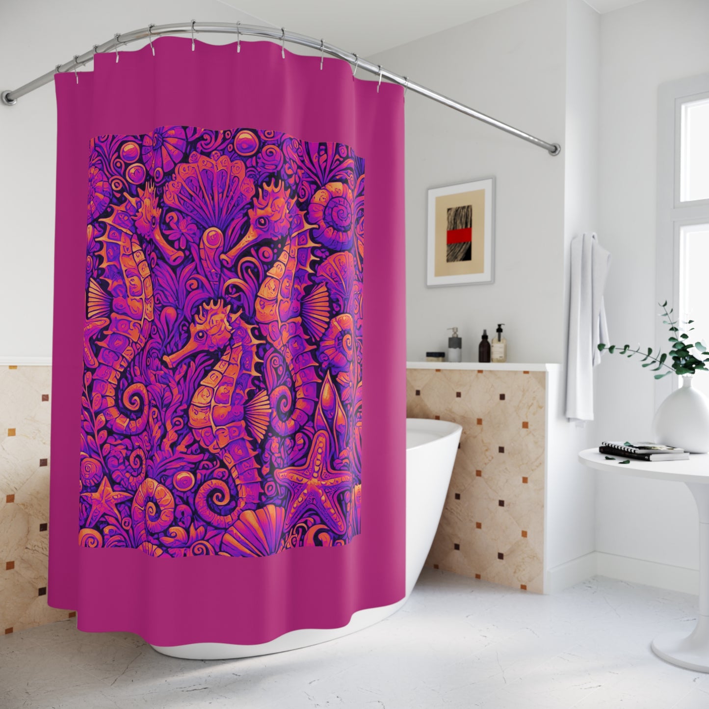 Tropical Shower Curtain - Ocean Bathroom Decor / Seahorse Trio Heatwave/Pink