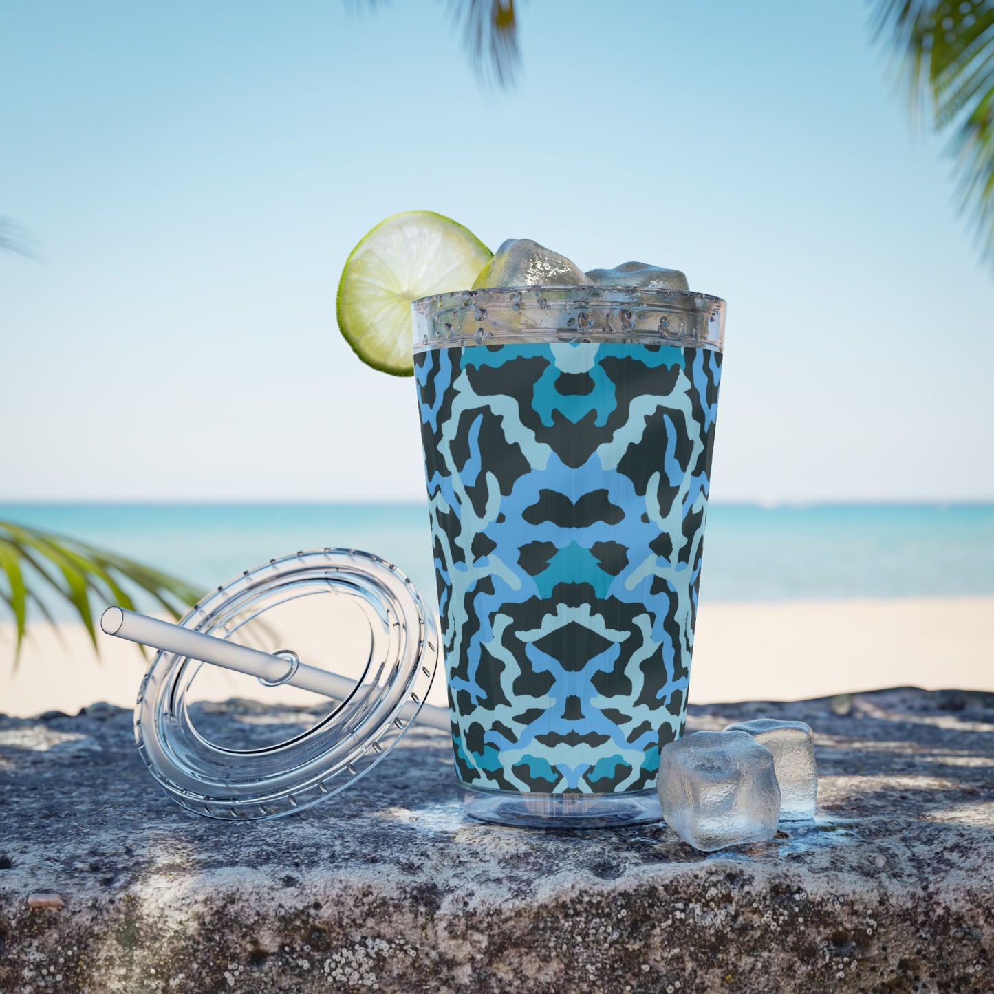 Tropical Tumbler with Straw | 16oz Colorful Travel Cup / Coral Threads, Blue