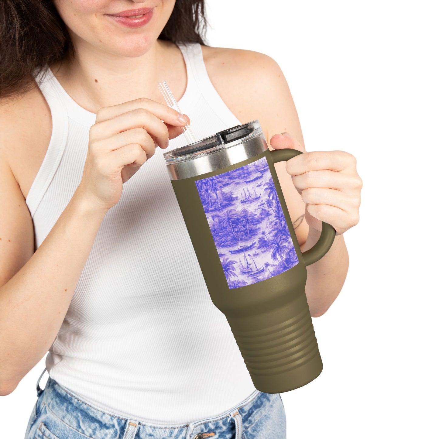 Insulated Travel Mug, 40oz / Tropical Toile, Amethyst - Perfect for Outdoor Adventures
