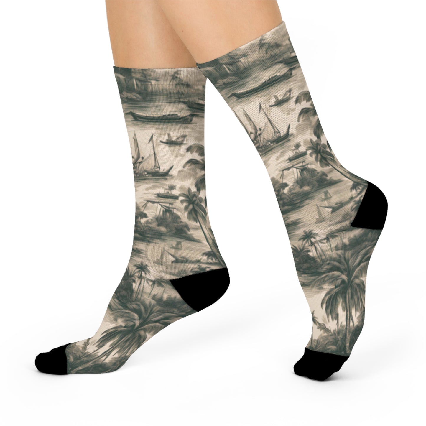 Cushioned Crew Socks - Tropical Toile, Black