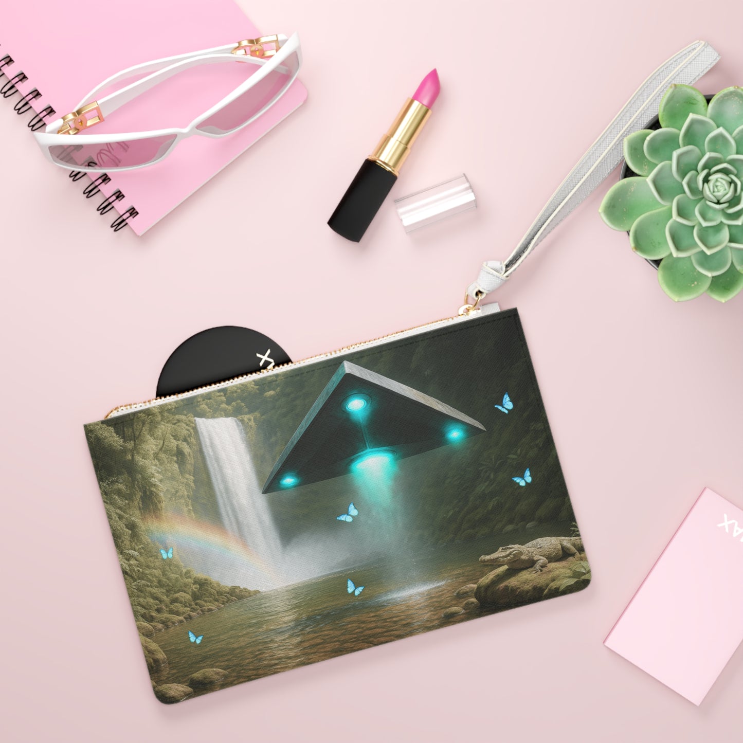 Tropical Faux Leather Clutch Bag - Perfect for Beach Adventures & Summer Vacations / UFO and Waterfall