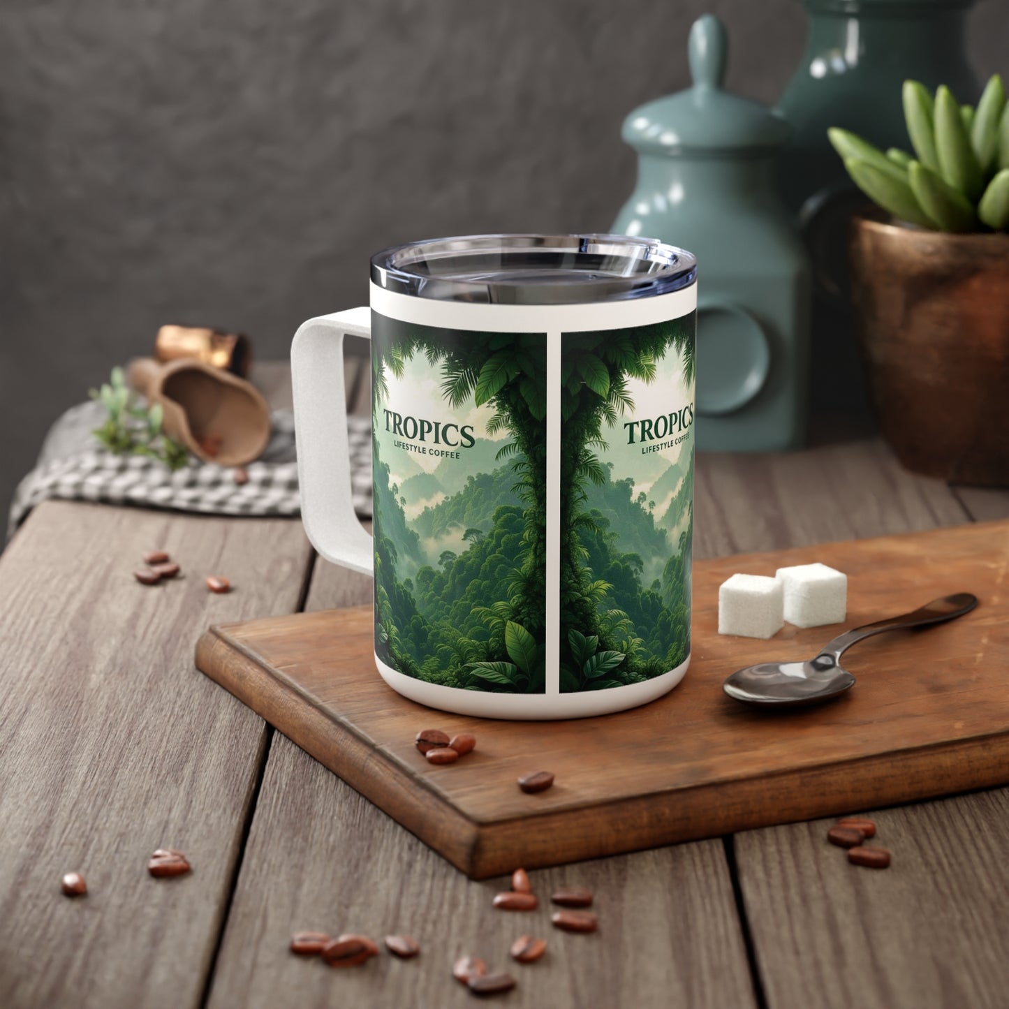 Tropical Insulated Coffee Mug, 10oz / Rainforest View Logo
