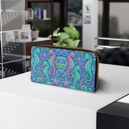 Tropical Zipper Wallet, Faux Leather / Vibrant Clutch / Seahorse Trio, Turquoise Pop