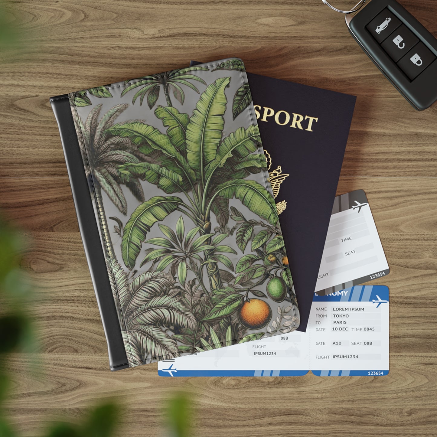 Tropical Passport Cover, Faux Leather - RFID blocking for travel security / More Tropical Fruit, Grey