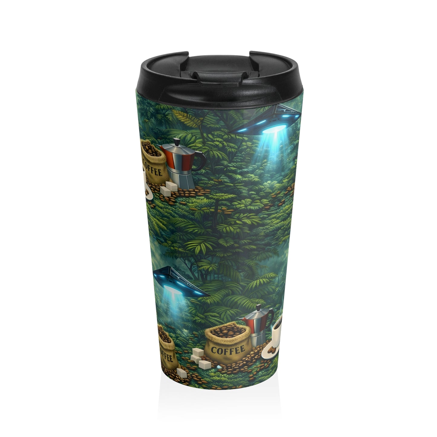 Stainless Steel Travel Mug, 15 oz. — UFO, Coffee Beans & Rainforest Design