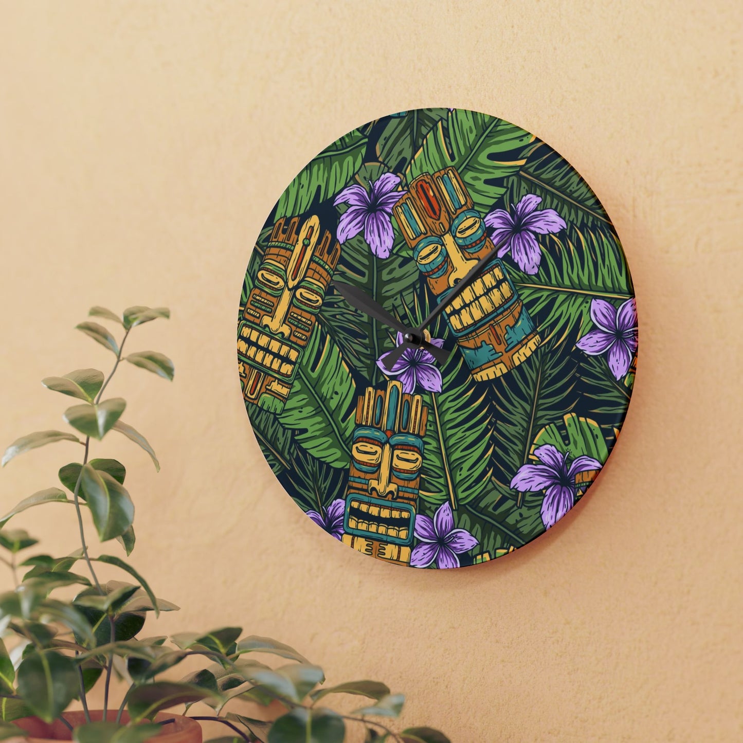 Acrylic Wall Clock, Tiki Purple Greenery