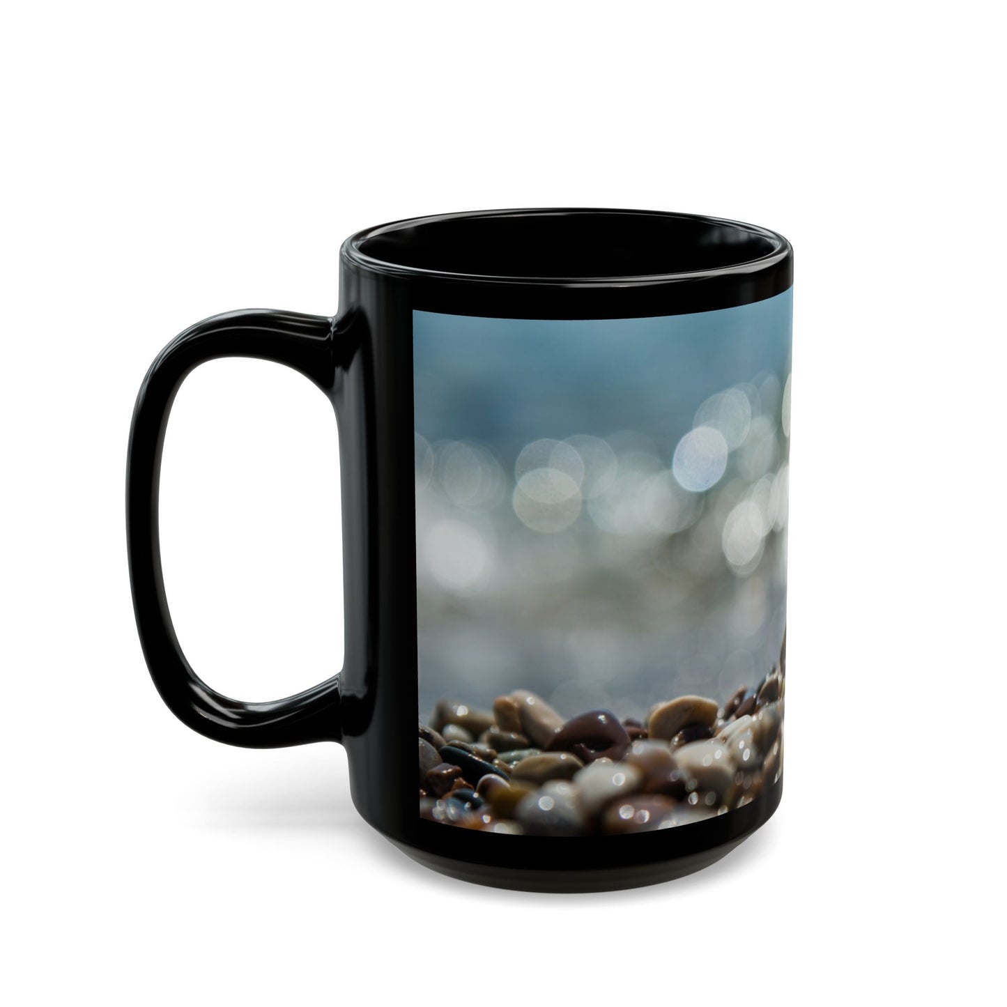 Black Mug (11oz, 15oz), Crystal Ball on Pebbled Beach