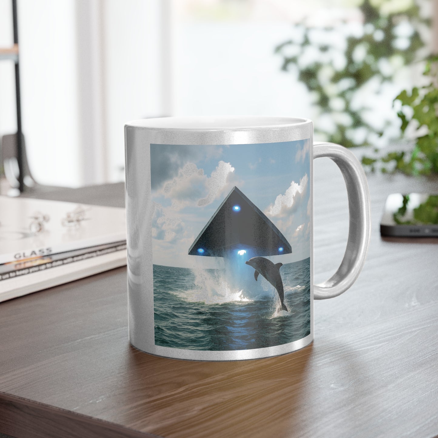 Tropical Metallic Mug, Gold or Silver - UFO & Dolphin