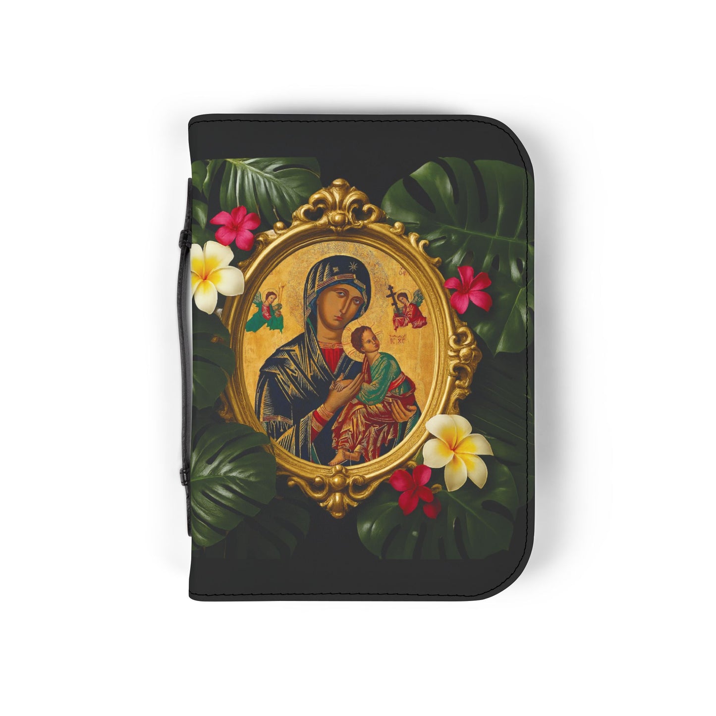 Tropical Bible Cover, Our Lady of Perpetual Help Black / Floral Bible Protector, Church Accessories