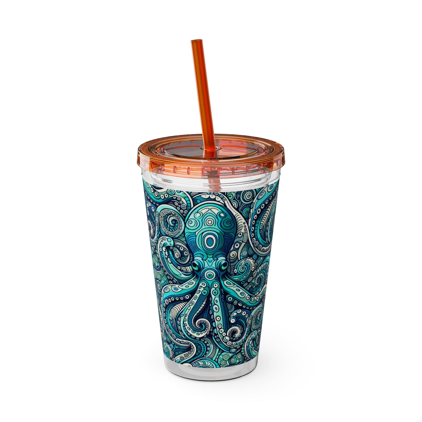 Tropical Tumbler with Straw | 16oz Colorful Travel Cup / Aqua Octopus