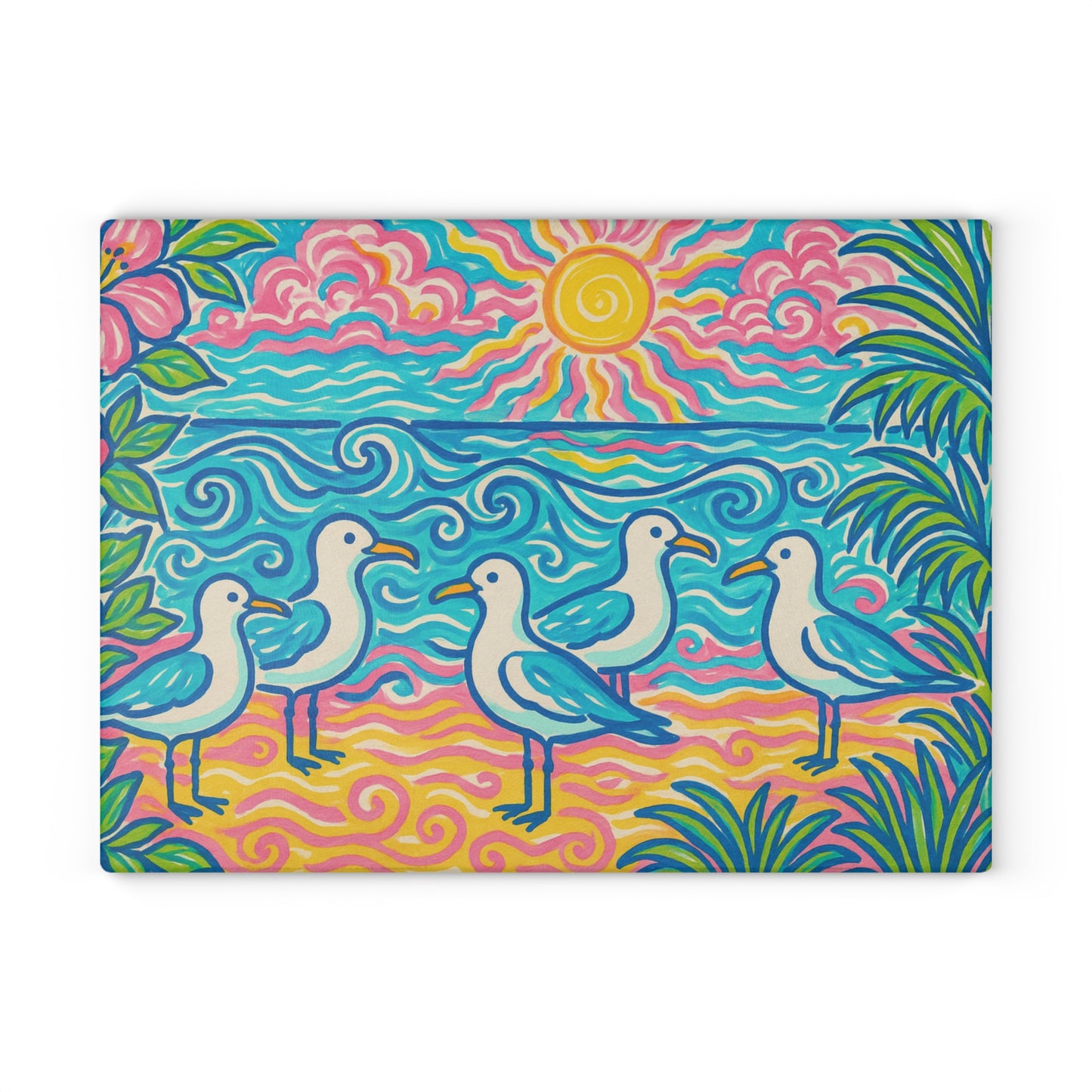 Glass Cutting Board, 2 sizes - Tropical Beach Seagulls