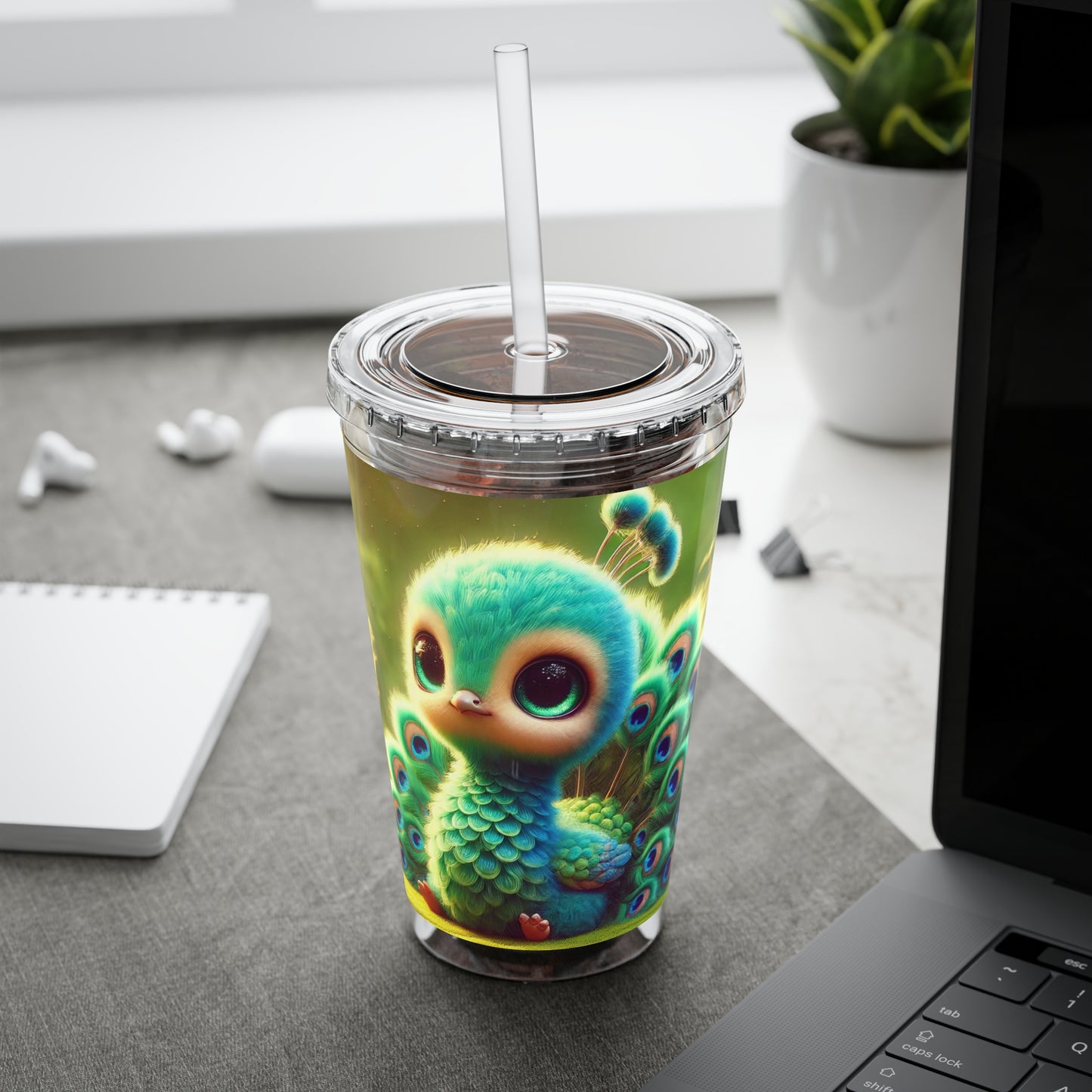 Tropical Tumbler with Straw | 16oz Colorful Travel Cup / Baby Peacock