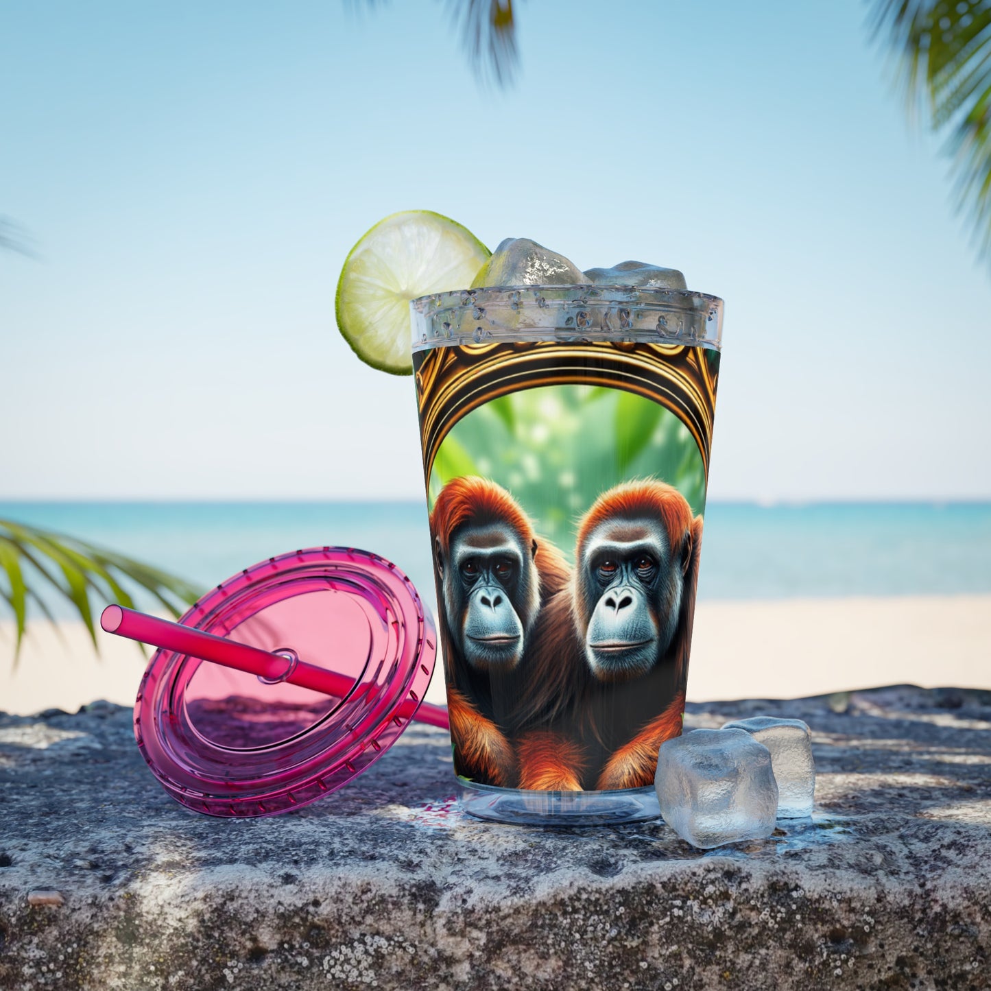 Tropical Tumbler with Straw | 16oz Colorful Travel Cup / Framed Orangutan Apes