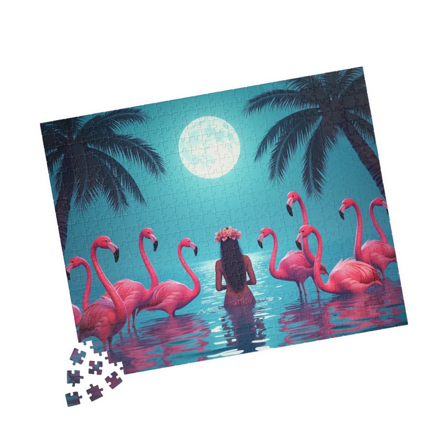Moonlit Mermaid and Flamingos Troical Puzzle, 4 Sizes - Relaxing Jigsaw for Island Vibes