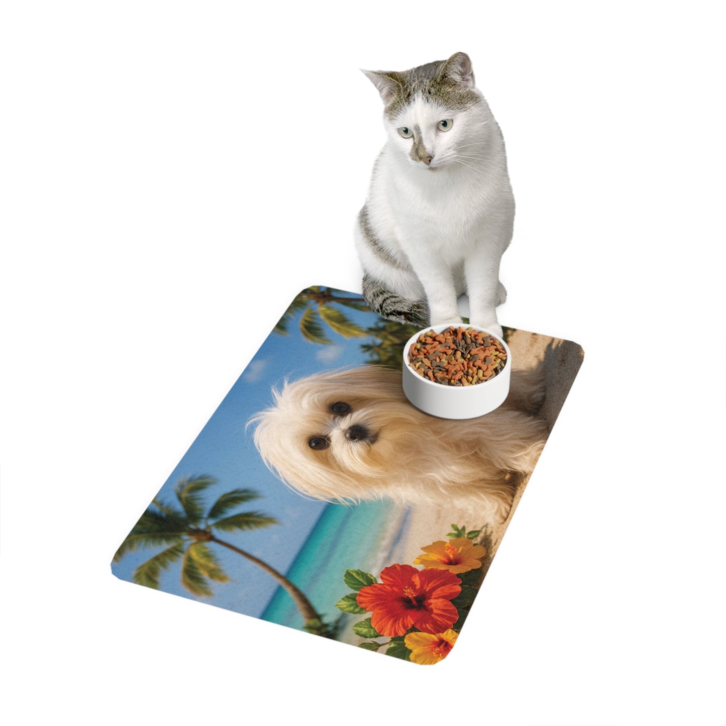 Pet Food Mat (12x18) - Puppy Ariel at the Beach