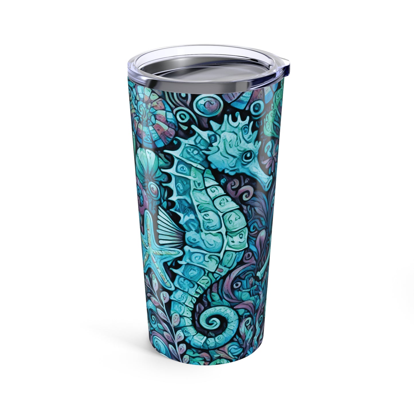 20oz Tropical Glossy Tumbler, Stainless Steel / Seahorse Trio, Turquoise