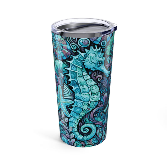 20oz Tropical Glossy Tumbler, Stainless Steel / Seahorse Trio, Turquoise