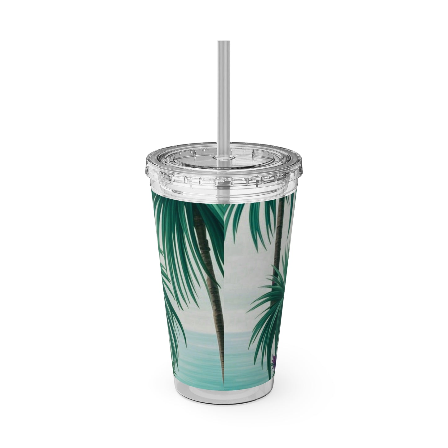 Tropical Tumbler with Straw | 16oz Colorful Travel Cup / Tiny Palm Island