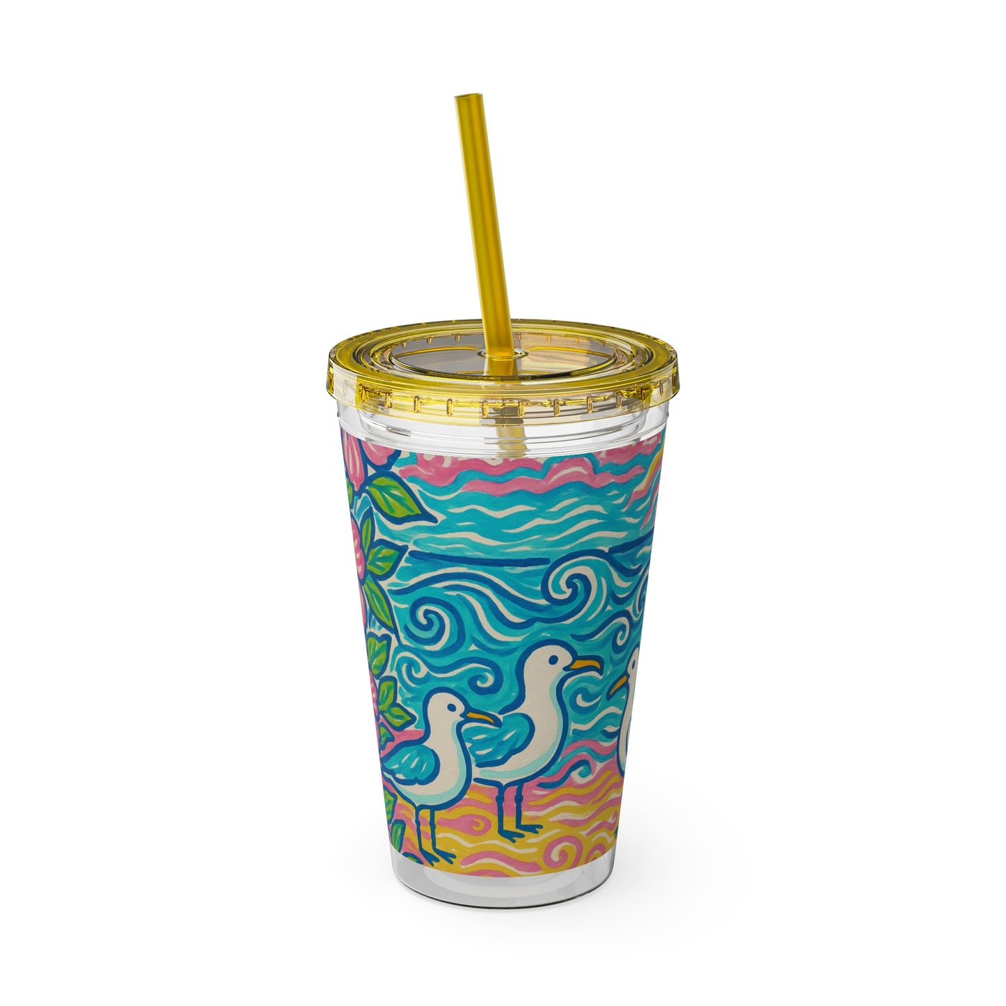 Tropical Tumbler with Straw | 16oz Colorful Travel Cup / Tropical Beach Seagulls