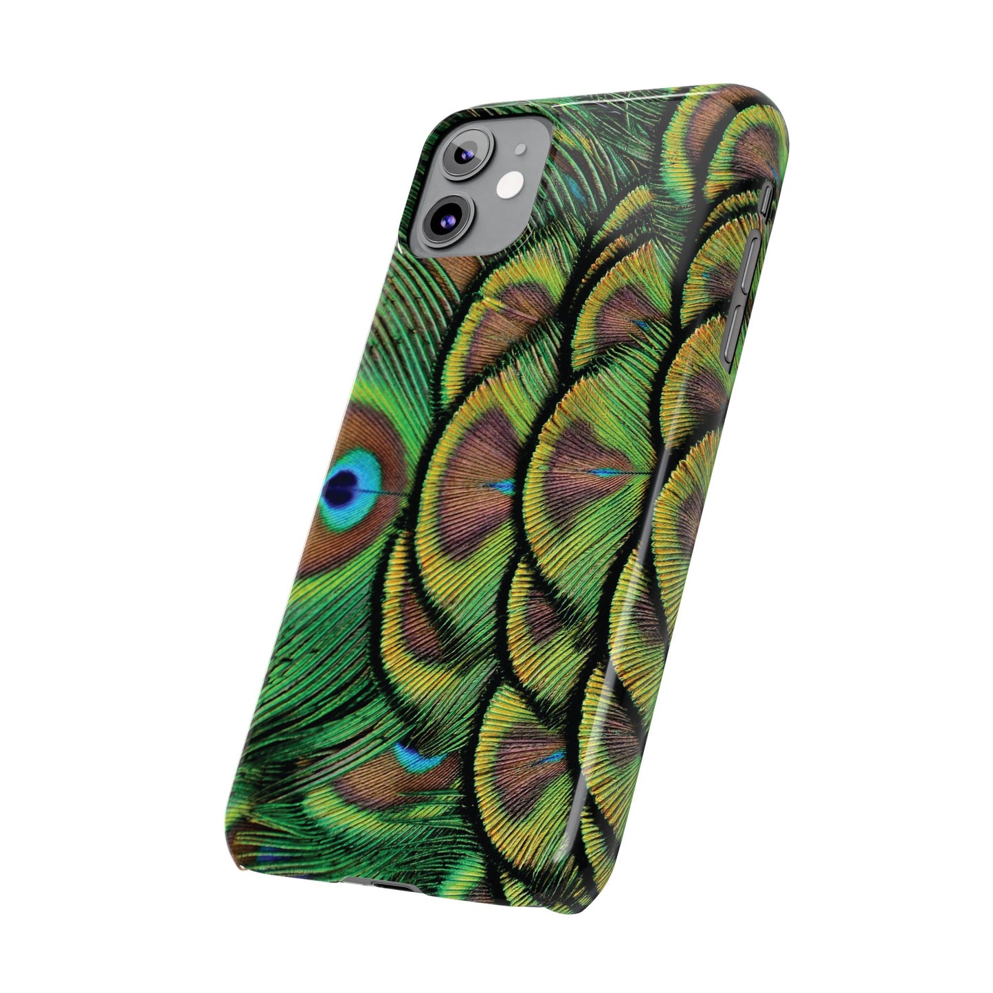 Slim Phone Cases - Brilliant Green Peacock Feathers